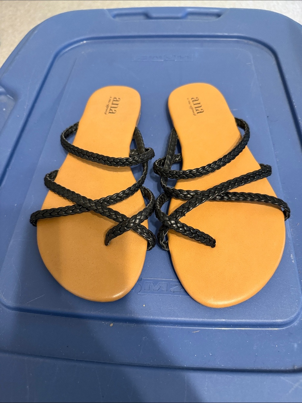 braided black strap tan footbed women's slide sandals